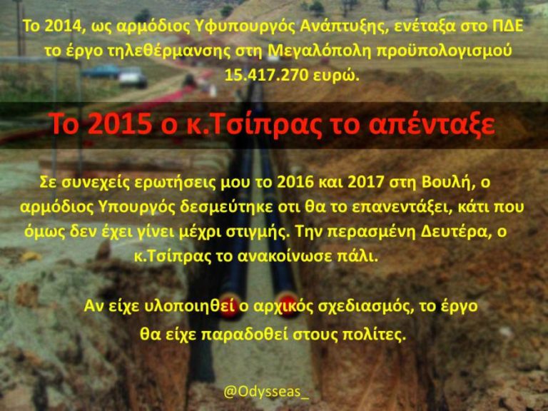Κωνσταντινόπουλος:Η Τηλεθέρμανση απεντάχθηκε από την Κυβέρνηση το 2015, το υπόσχεται εδώ και δύο χρόνια ο κ.Χαρίτσης, και το ανακοίνωσε πάλι τη Δευτέρα ο κ.Τσίπρας!