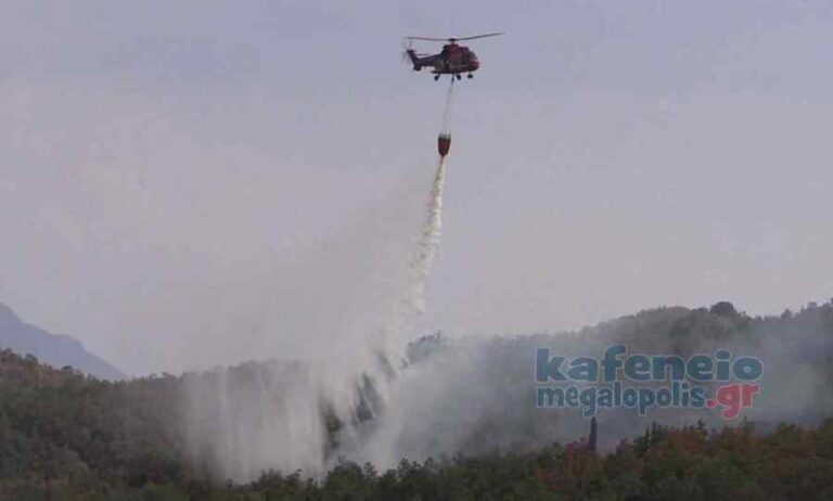 Ρίψεις νερού από ελικόπτερα σε αναζωπυρώσεις στην Μεγαλόπολη (video)