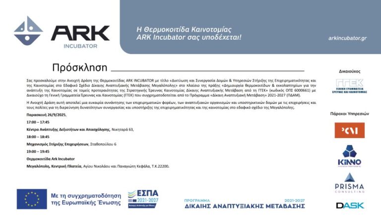 Πρόγραμμα Ανοιχτής Δράσης:«Δικτύωση και Συνεργασία Δομών & Υπηρεσιών Στήριξης της Επιχειρηματικότητας και της Καινοτομίας στο Εδαφικό Σχέδιο Δίκαιης Αναπτυξιακής Μετάβασης Μεγαλόπολης»